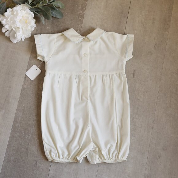 Yellow Smocked Romper Creeper Embroidery Blue Piping Boutique 9 Months New - Picture 4 of 5